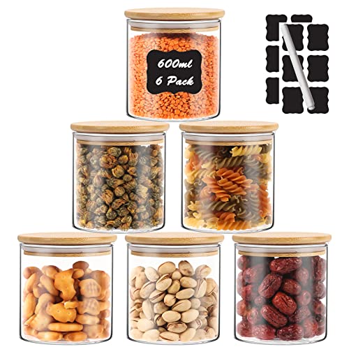 20 oz Glass Spice Jars with Bamboo Lid,6 Pack Kitchen Food Storage Canister for Spices,Coffee Beans,Tea, Nuts and Candy