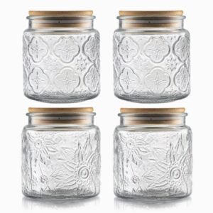 ANSQU Set of 4 Vintage Glass Airtight Storage Jars, 17 FL OZ Glass Storage Containers with Bamboo Lids, Canning Jar for Kitchen Counter, Pantry, Cookie, Coffee, Tea, Sugar, Cute Jars