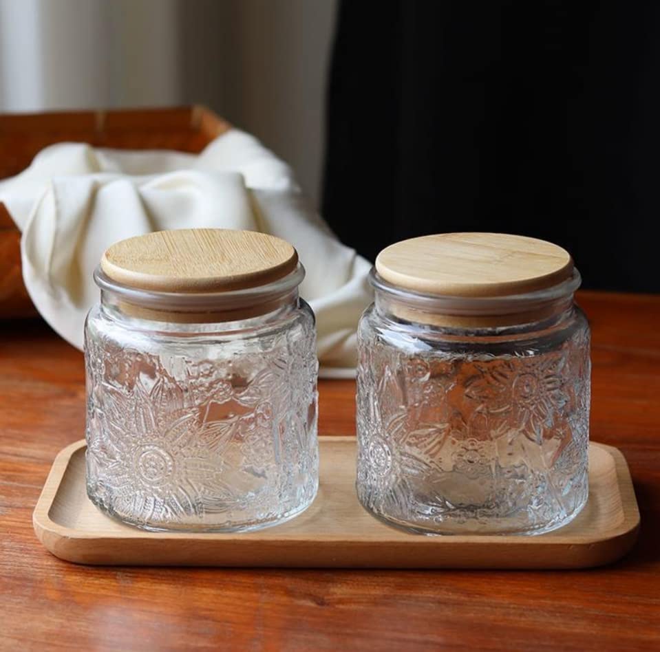 ANSQU Set of 4 Vintage Glass Airtight Storage Jars, 17 FL OZ Glass Storage Containers with Bamboo Lids, Canning Jar for Kitchen Counter, Pantry, Cookie, Coffee, Tea, Sugar, Cute Jars