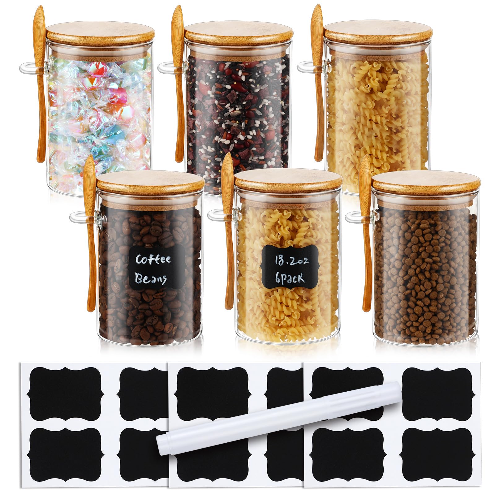 Bokon 6 Sets Glass Jars with Bamboo Lids and Spoon 18.2 oz Airtight Glass Spice Jars with Lids Flour Canister Glass Food Storage with 3 Labels and 1 Pen for Candy Spices Coffee Beans Sugar Nuts