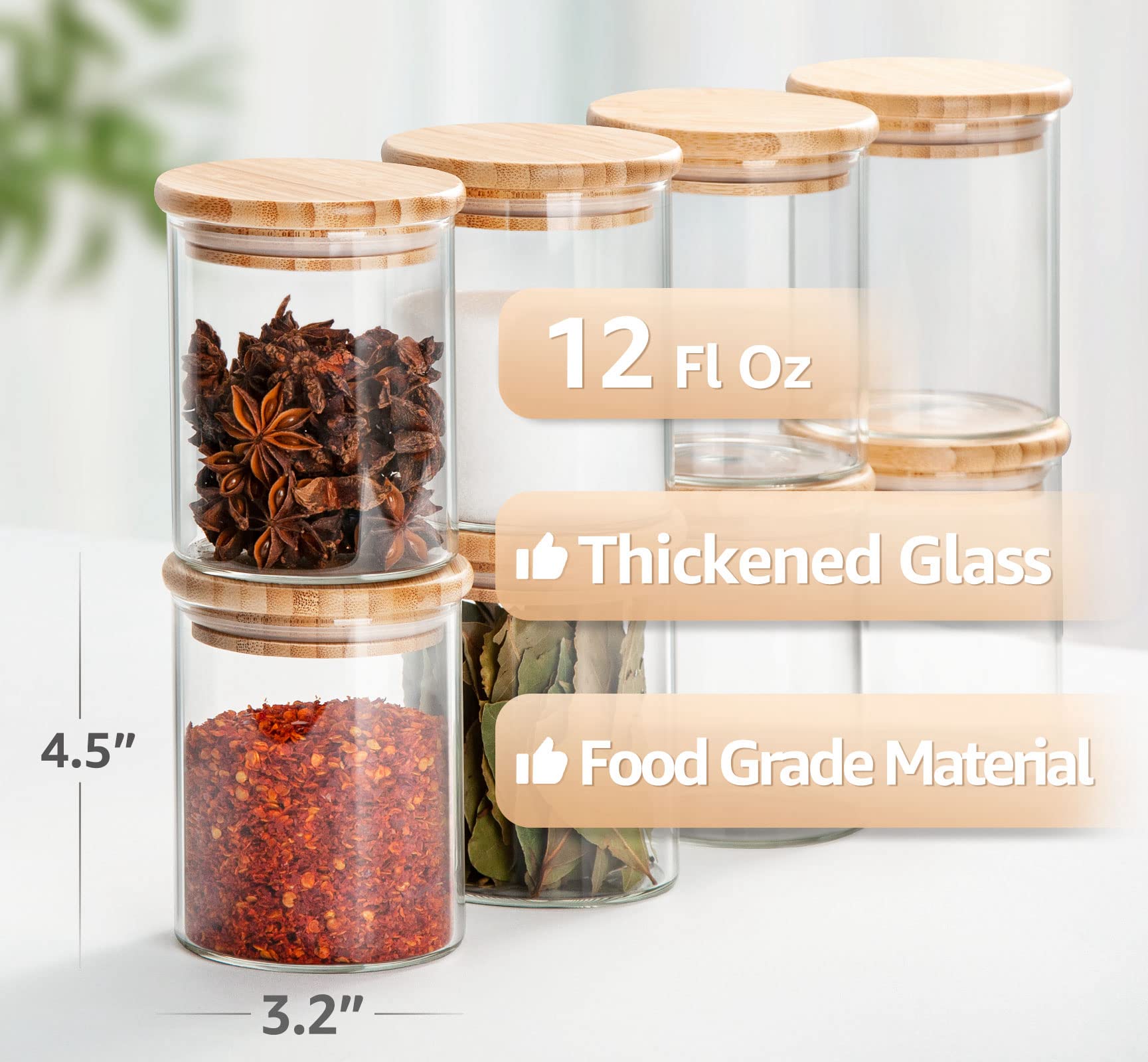 COCOYA 12 FL Oz Glass Jars with Bamboo Lid Set, 8Pack UPGRADE Clear Food Storage Canisters Kitchen Pantry Containers, for Spice Herb Nuts Tea Seed Seasoning Dry Foods Bean Sugar Snack Candy