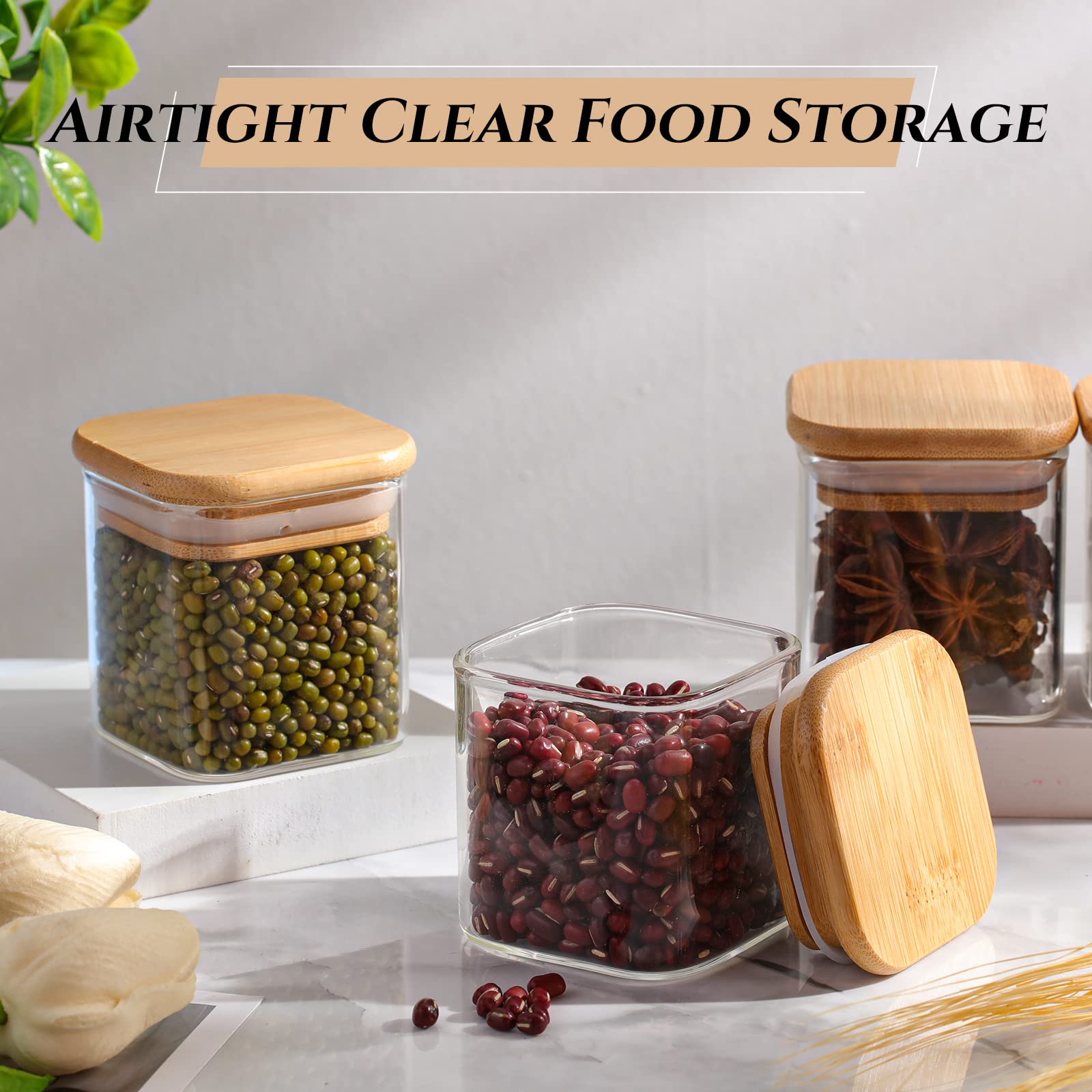 Nuenen Set of 24 Airtight Square Spice Containers 4 oz Glass Spice Jars with Bamboo Lid Small Seasoning Jars Empty Food Storage Containers for Pantry Clear Food Jars Canisters for Kitchen Sugar Coffee