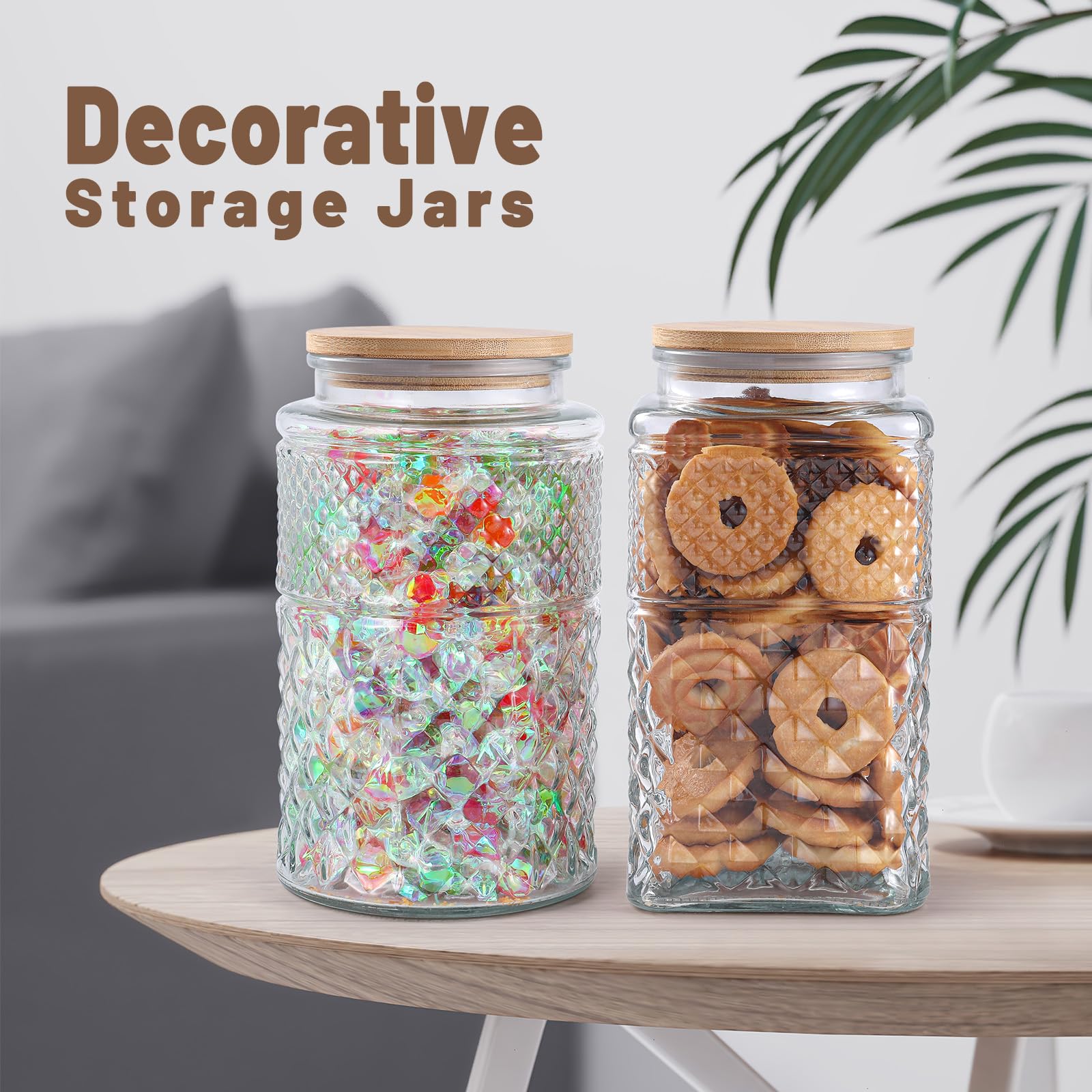 Galazzz 90 oz | 0.7 Gallon Large Cookie Jar, Glass Jar with Airtight Lid, Decorative Kitchen Canister with Bamboo Lids, Candy Jar | Glass Storage Air tight Glass 2600ml Round & Square