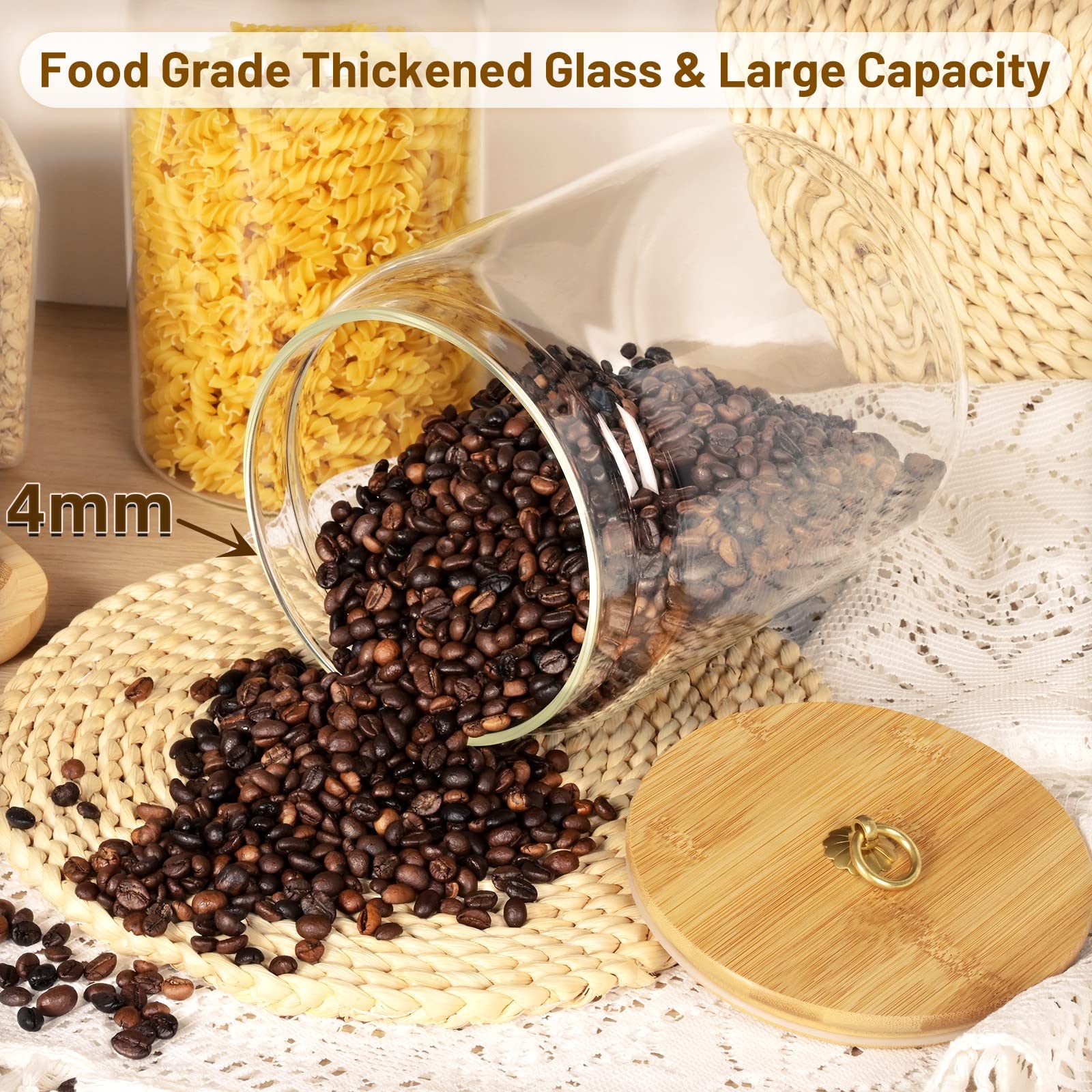 Totexil Large Glass Jars, 1 Gallon Thicken Glass Food Storage Jars with Bamboo Lids, Airtight Glass Canisters with Mental Handle, Kitchen Storage Containers for Cookie, Flour, Rice, Coffee Beans,Nuts