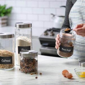 4pc Canister Sets for Kitchen Counter or Bathroom + Labels & Marker, Glass Cookie Jars with Airtight Lids - Food Storage Containers with Lids Airtight for Pantry - Flour, Sugar, Coffee, Cookies, etc.