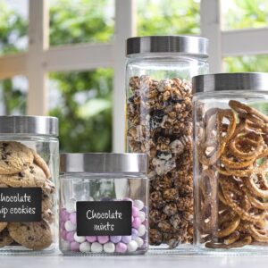 4pc Canister Sets for Kitchen Counter or Bathroom + Labels & Marker, Glass Cookie Jars with Airtight Lids - Food Storage Containers with Lids Airtight for Pantry - Flour, Sugar, Coffee, Cookies, etc.