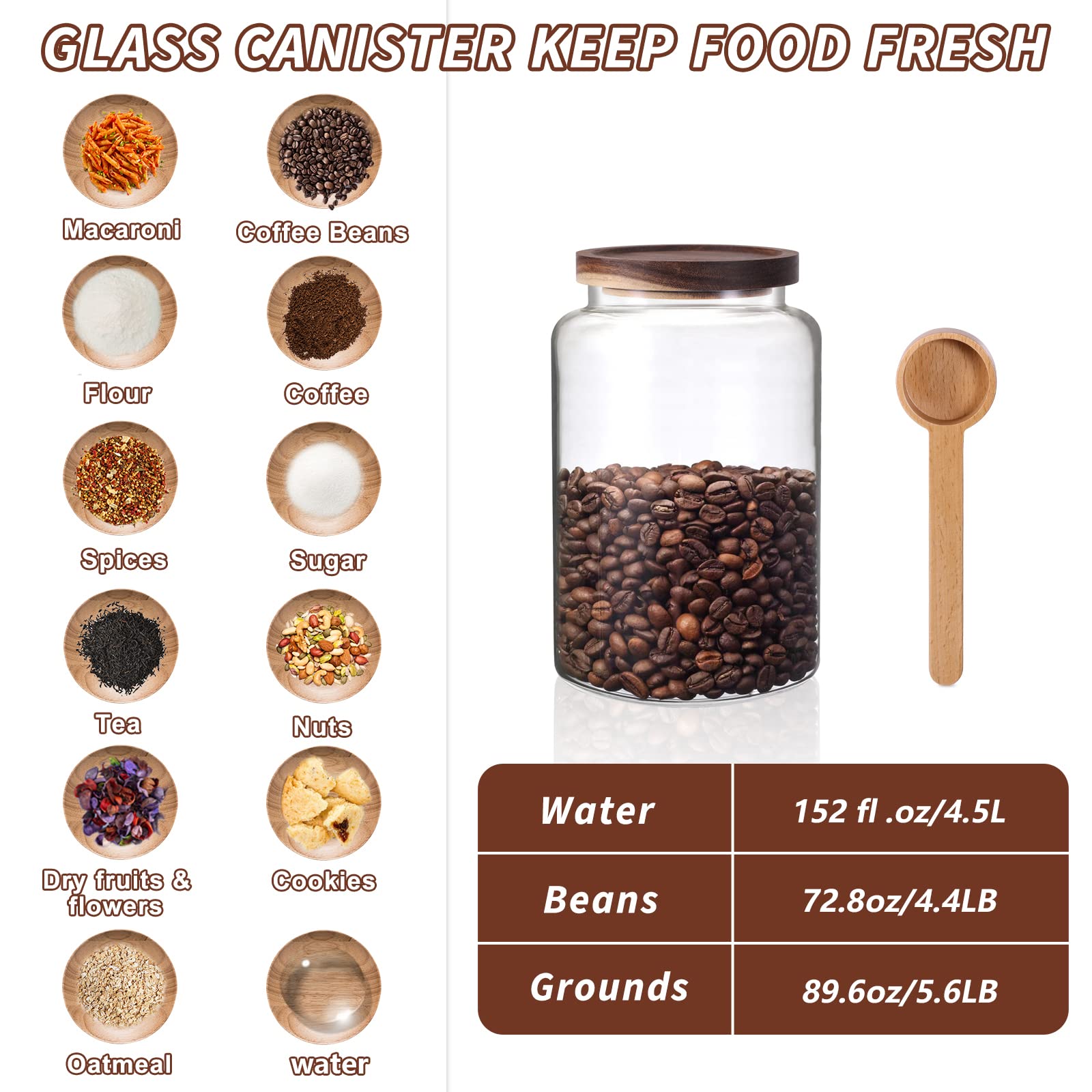 Large Glass Coffee Storage Jar with Lids Spoon Thicken Glass Coffee Canister Borosilicate Glass Food Containers for Ground Coffee Beans Nut Pasta Sugar Candy Spice Rice Loose Tea (4500ml/152oz)