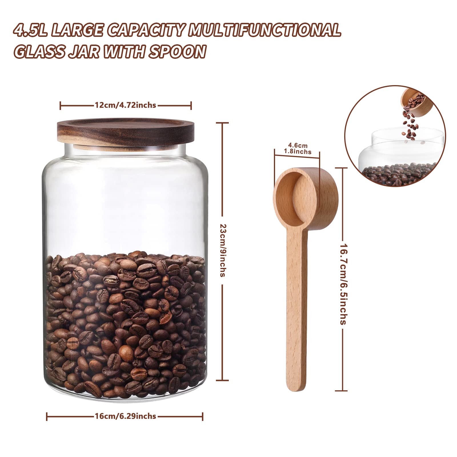 Large Glass Coffee Storage Jar with Lids Spoon Thicken Glass Coffee Canister Borosilicate Glass Food Containers for Ground Coffee Beans Nut Pasta Sugar Candy Spice Rice Loose Tea (4500ml/152oz)