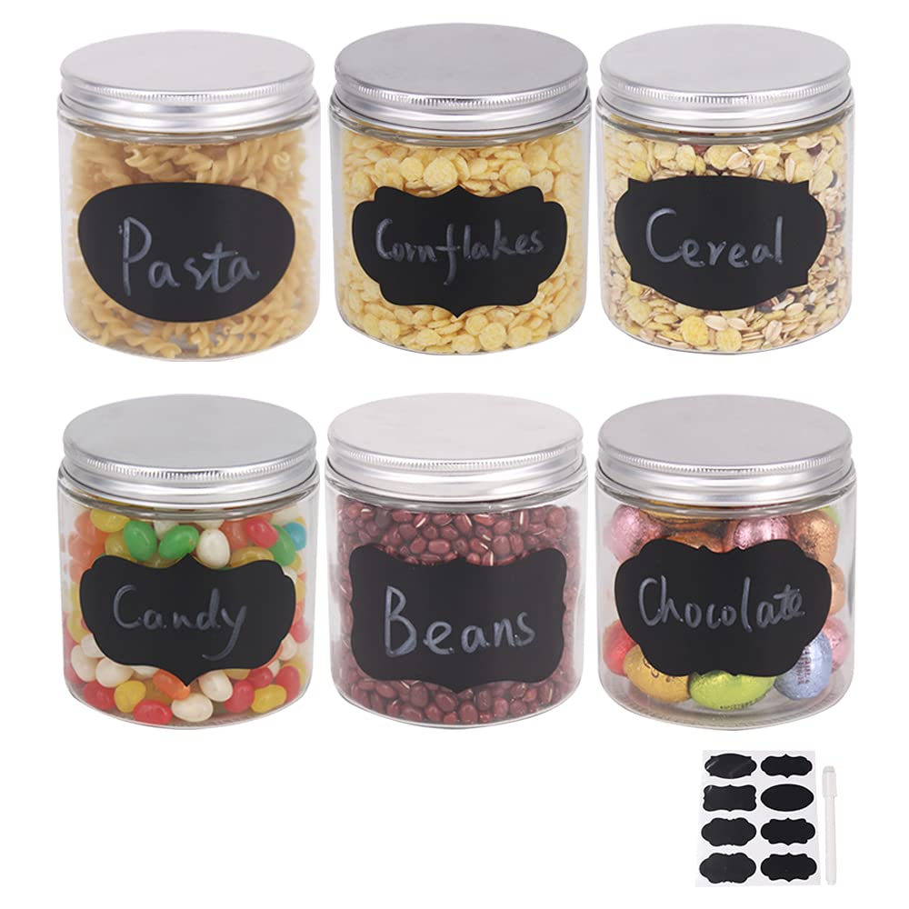 BPFY 6 Pack 16 oz Glass Jars with Lids, 8 Chalk Labels, 1 Pen, Food Storage Jars, Glass Kitchen Canisters Cabinet, Pantry Organization for Flour, Sugar, Coffee, Candy, Snacks