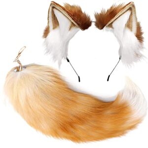 valpeak fox ears and tail therian tail gear wolf ears for kids fluffy therian stuff fox costume for girls over 1 years old(expear-brown)