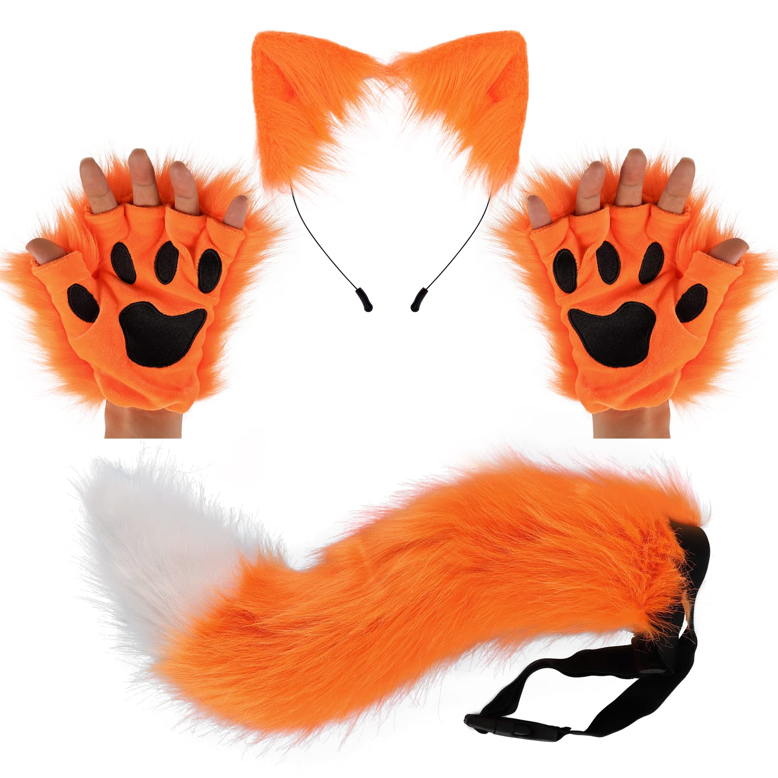 HAOAN Wolf Fox Tail Clip Ears and Gloves Set Halloween Christmas Fancy Party Costume Toys Gift for Women (orange)