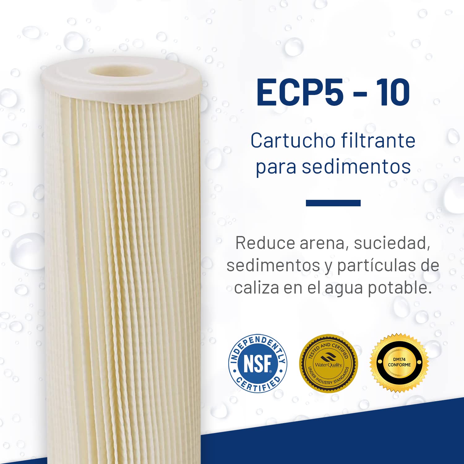 Pentair Pentek ECP5-10 Sediment Water Filter, 10-Inch, Under Sink Pleated Cellulose Polyester Replacement Cartridge, 10" x 2.5", White End-Cap, 5 Micron