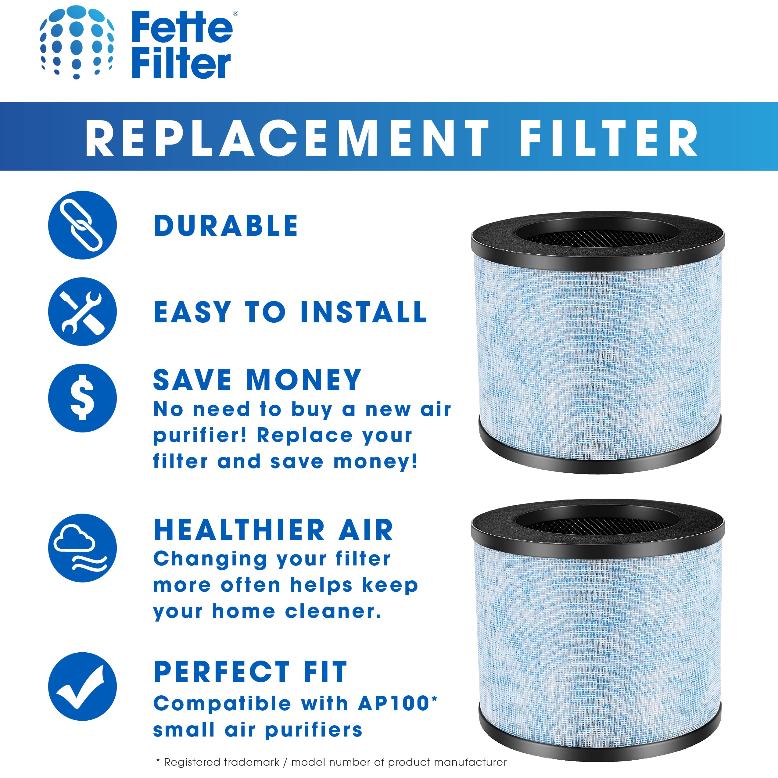 Fette Filter - F100 H13 Premium True HEPA Replacement Filter, Compatible with Instant AP100 Air Purifier, 3-in-1 H13 Grade True HEPA Filter, Part # F100, 2-Pack