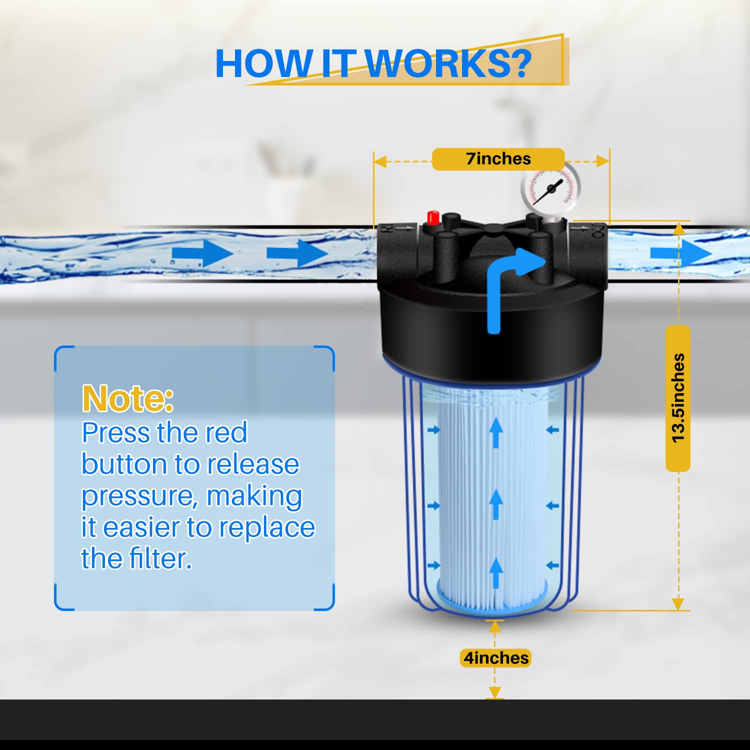 GOLDEN ICEPURE Whole House Water Filter Housing with Pressure Release, 10" x 4.5" Sediment Cartridge Universal Housing for Well and City Water, 1" NPT Port Pre-Filtration System for Home