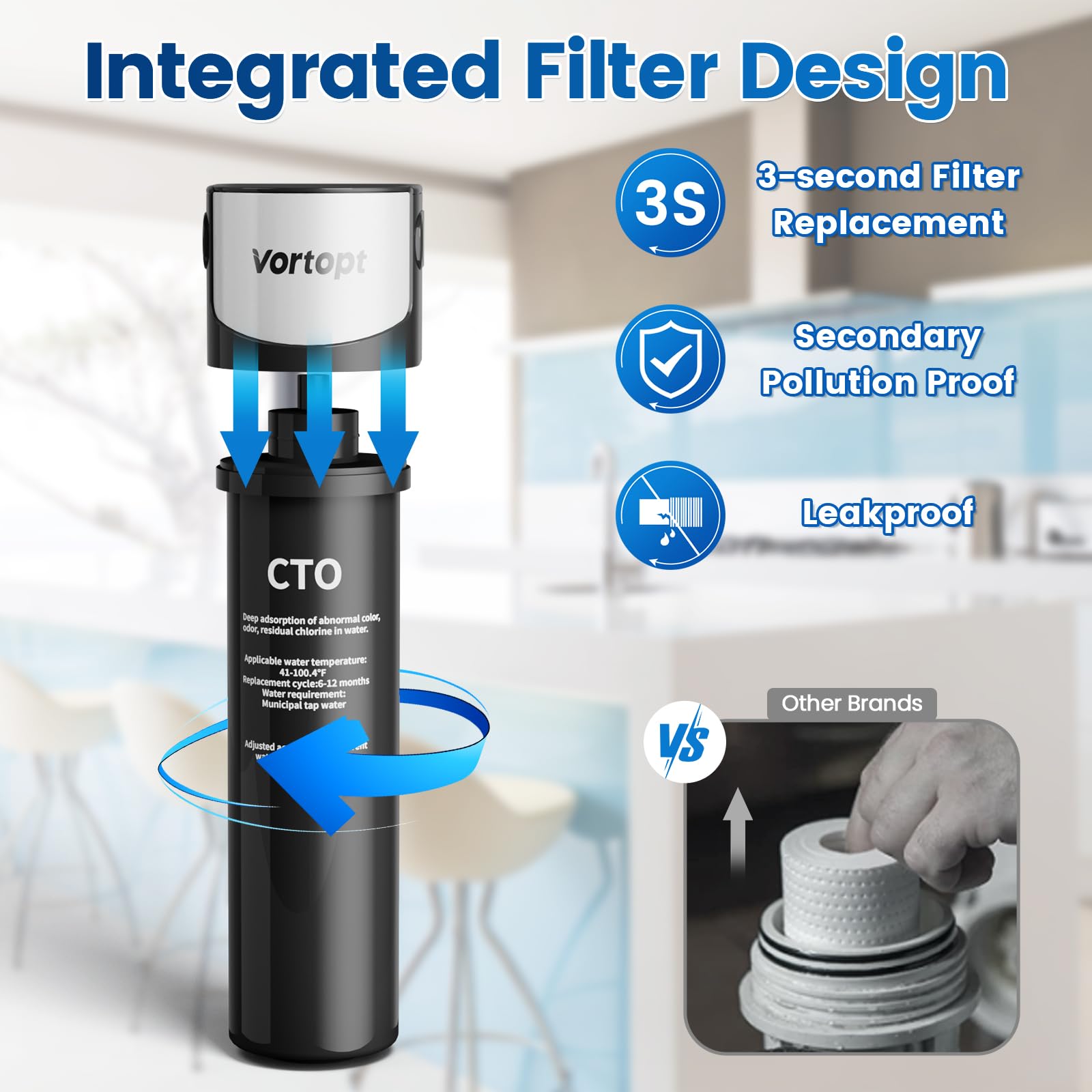 Vortopt Replacement Filter for Q5-C2 & Q6-C2 Under Sink Water Filter System - 19K Gallons NSF/ANSI 42 Certified Water Filtration, Reduces Lead, Chlorine, Bad Taste & Odor