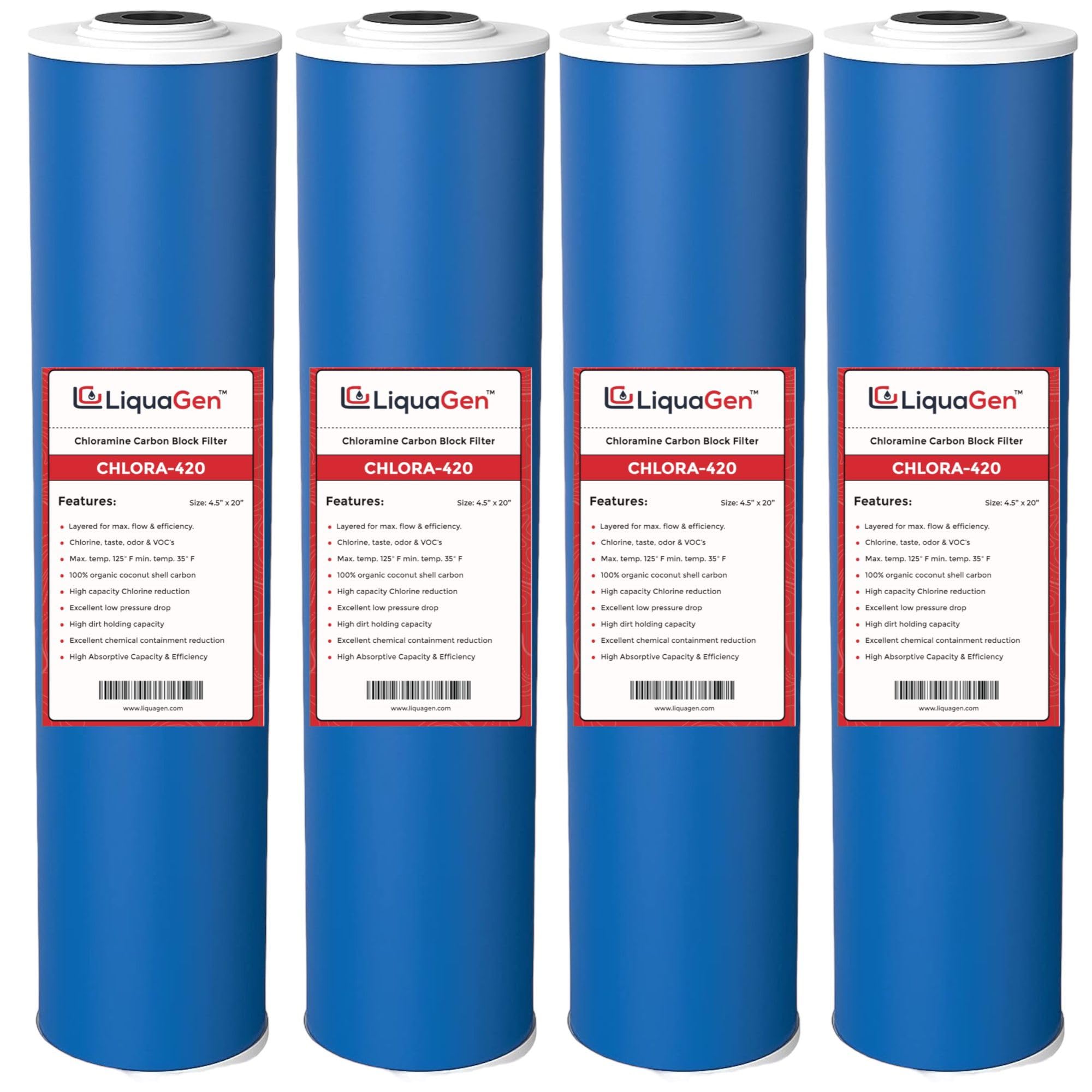 LiquaGen Granular Activated Carbon (GAC/UDF) Replacement Water Filter- 10 and 20 inch Sizes for Whole House & Water Systems (4.5" x 20", Pack of 4)