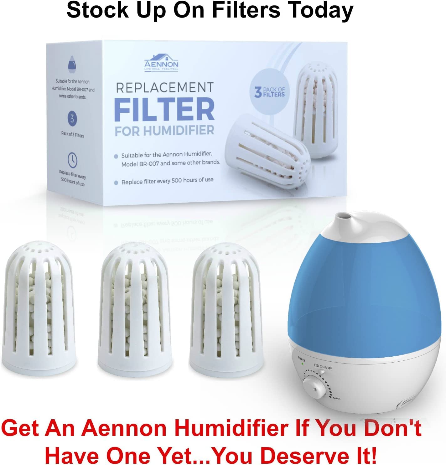 Fits Most Ultrasonic Humidifier Replacement Filters for Home, Cool Mist Demineralization Cartridges, Ceramic Filter Stone Material, 3 Pack, 6 Months Each - Aennon