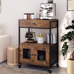 catrimown coffee cart with storage, coffee bar cabinet on wheels, small microwave cart with drawer for kitchen, living room, rustic brown