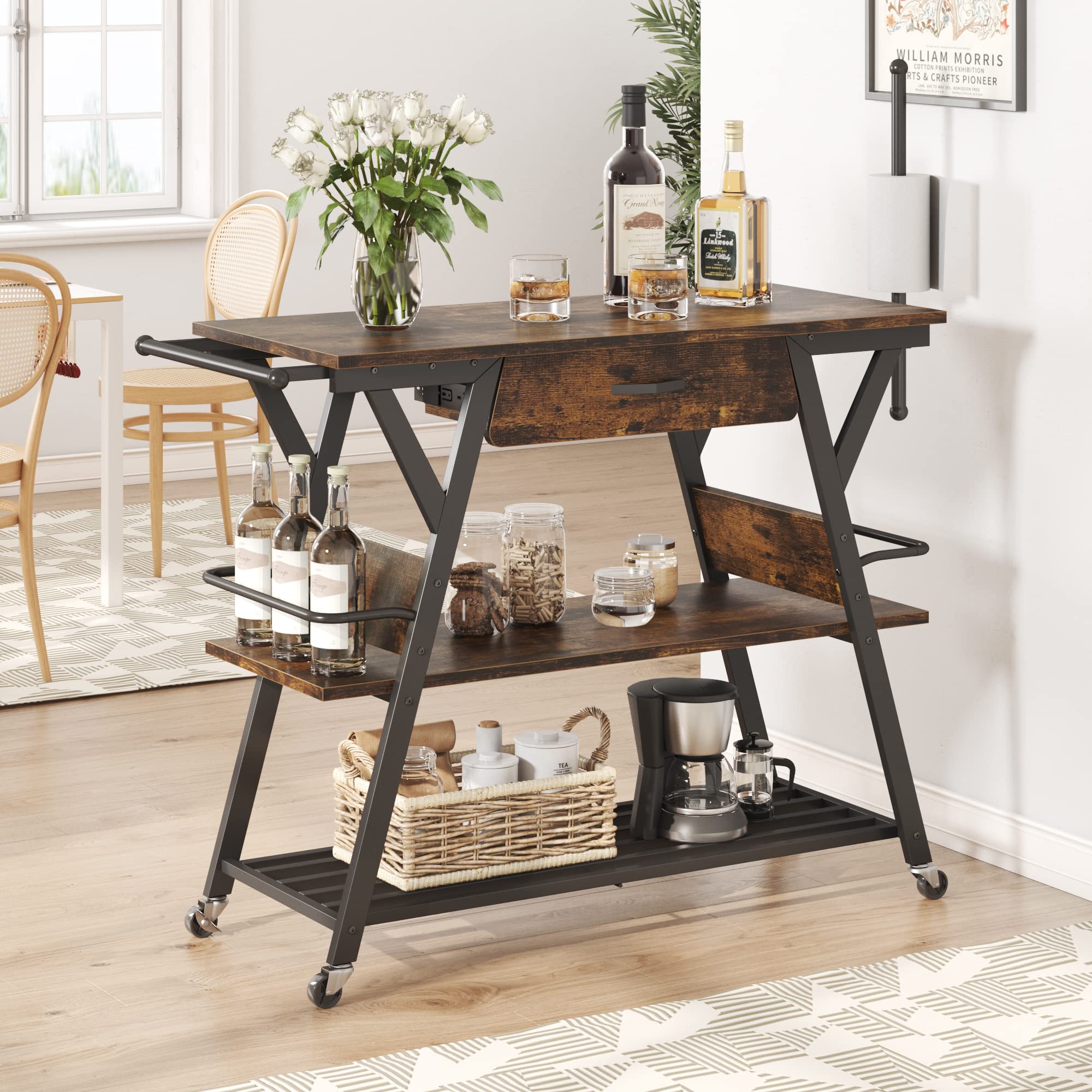 Bestier Coffee Bar Station, Kitchen Island Cart with Storage, Coffee Cart with Drawer, Paper Towel Holder and Lockable Wheels, Bar Table for Dinning Room Living Room, Rustic