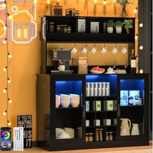 Vinctik 6&Fox Black LED Buffets&Sideboards w/60000-color Lights,6FT Power Outlet,7 Hooks,9Bottle Rack,Adjustable Shelf for Tea Liquor Wine Coffee.Cabinet Table w/Sliding Door for Dining Living Room