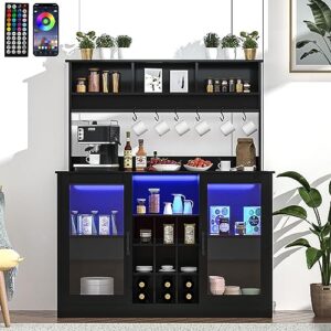 Vinctik 6&Fox Black LED Buffets&Sideboards w/60000-color Lights,6FT Power Outlet,7 Hooks,9Bottle Rack,Adjustable Shelf for Tea Liquor Wine Coffee.Cabinet Table w/Sliding Door for Dining Living Room