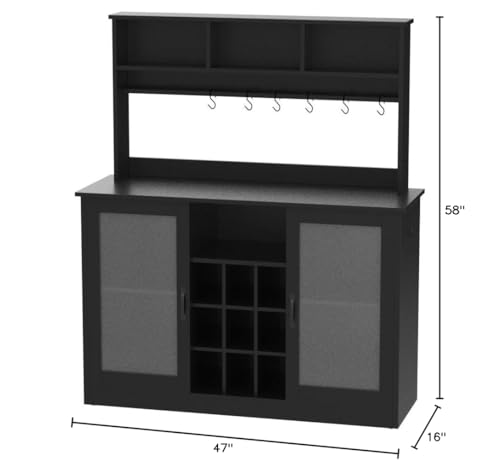 Vinctik 6&Fox Black LED Buffets&Sideboards w/60000-color Lights,6FT Power Outlet,7 Hooks,9Bottle Rack,Adjustable Shelf for Tea Liquor Wine Coffee.Cabinet Table w/Sliding Door for Dining Living Room