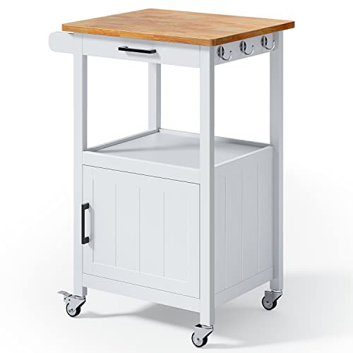 Qsun Rolling Kitchen Island Cart with Drawer, Storage on Wheels, Small Home Coffee Bar, Microwaves Stand, Table/Cabinet and Side Hook, White