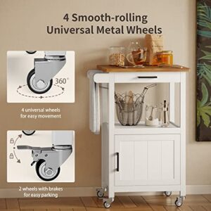 Qsun Rolling Kitchen Island Cart with Drawer, Storage on Wheels, Small Home Coffee Bar, Microwaves Stand, Table/Cabinet and Side Hook, White