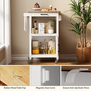 Qsun Rolling Kitchen Island Cart with Drawer, Storage on Wheels, Small Home Coffee Bar, Microwaves Stand, Table/Cabinet and Side Hook, White