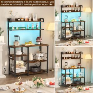 Topfurny Bakers Rack with Power Outlets and Led Lights, Coffee Station, Kitchen Storage Shelf, 7-Tier Microwave Stand Cart Coffee Bar Table Organizer, for Spice, Pots and Pans Organizer, Rustic Brown