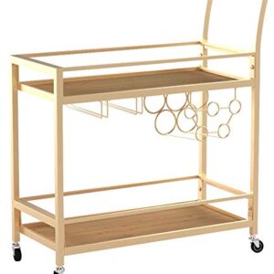 FirsTime & Co. Gold and Brown Francesca Bar Cart, 2 Tier Mobile Mini Bar, Kitchen Serving Cart and Coffee Station with Storage for Wine and Glasses, Metal and Wood, Modern