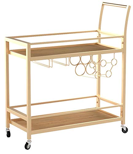 FirsTime & Co. Gold and Brown Francesca Bar Cart, 2 Tier Mobile Mini Bar, Kitchen Serving Cart and Coffee Station with Storage for Wine and Glasses, Metal and Wood, Modern