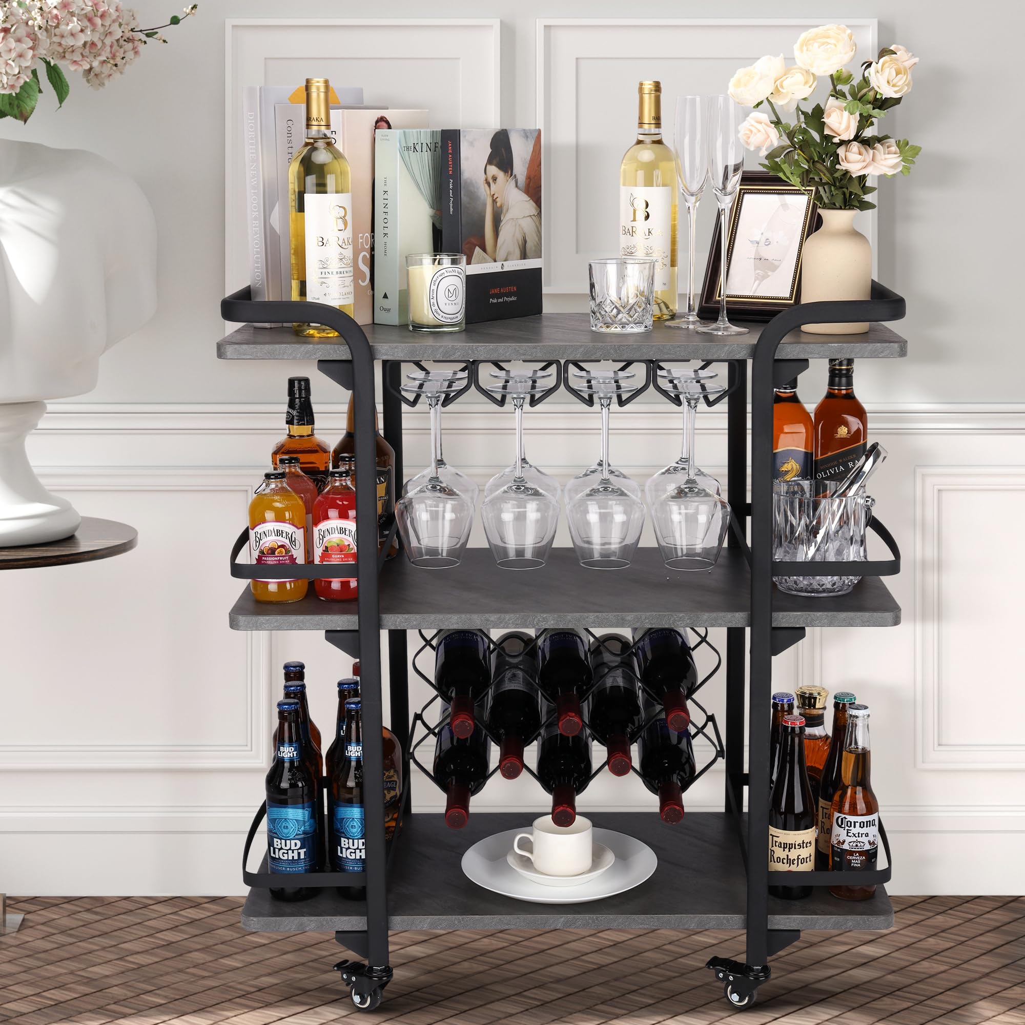 Jubao 3-Tier Bar Cart for The Home Mobile Serving with Glass Holders and 8 Wine Racks Storage, Wine Trolley Kitchen Island Cart on Wheels, Modern Coffee Cart for Kitchen Outdoor