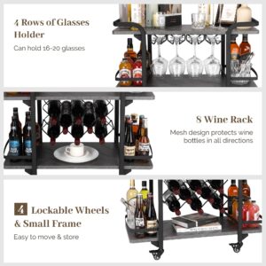 Jubao 3-Tier Bar Cart for The Home Mobile Serving with Glass Holders and 8 Wine Racks Storage, Wine Trolley Kitchen Island Cart on Wheels, Modern Coffee Cart for Kitchen Outdoor