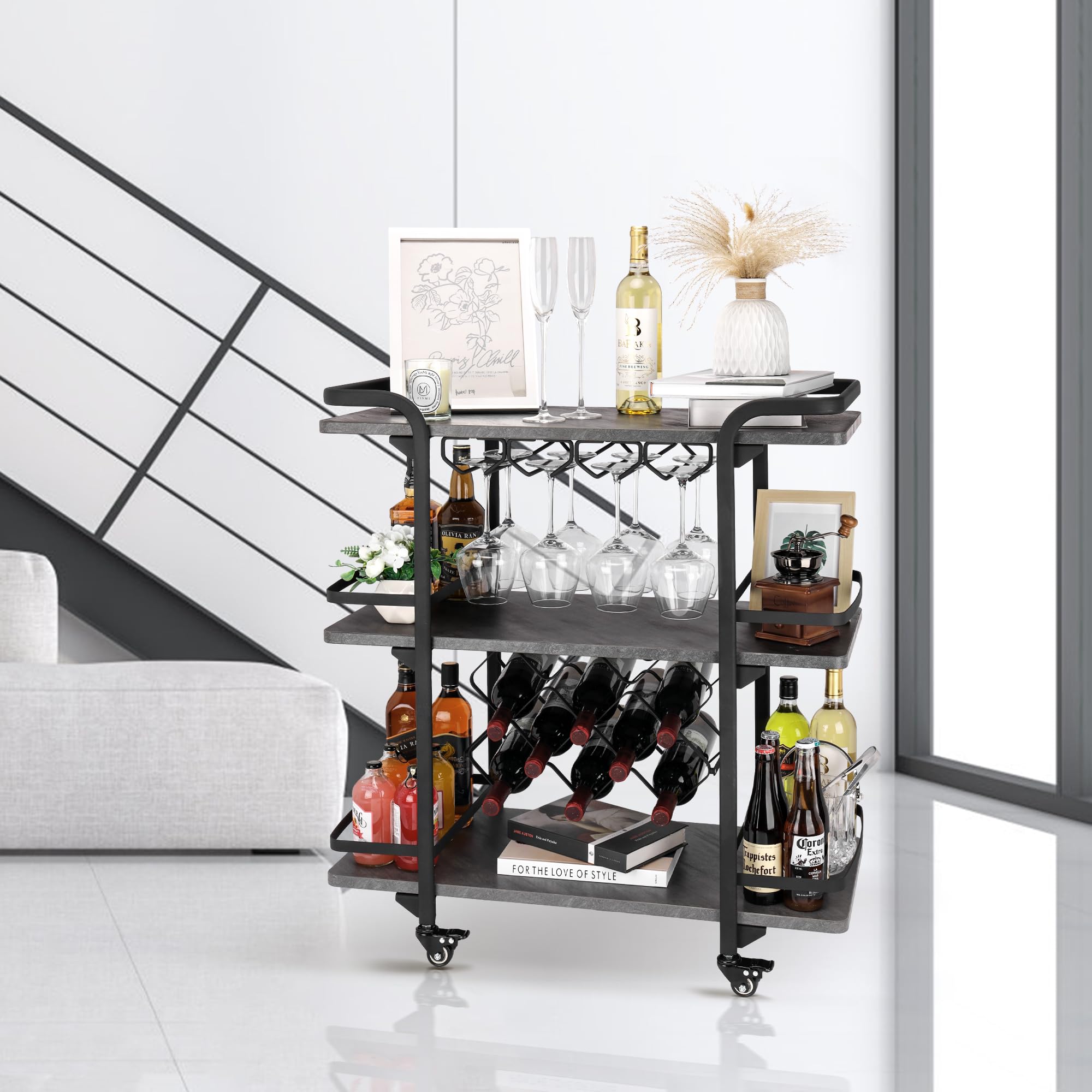 Jubao 3-Tier Bar Cart for The Home Mobile Serving with Glass Holders and 8 Wine Racks Storage, Wine Trolley Kitchen Island Cart on Wheels, Modern Coffee Cart for Kitchen Outdoor