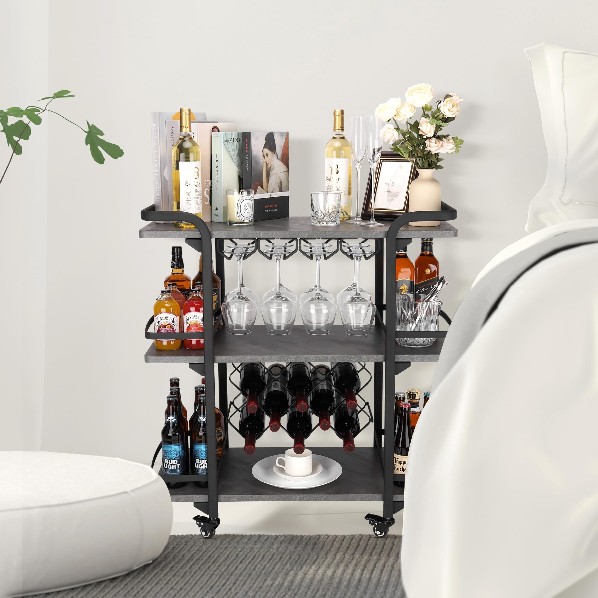 Jubao 3-Tier Bar Cart for The Home Mobile Serving with Glass Holders and 8 Wine Racks Storage, Wine Trolley Kitchen Island Cart on Wheels, Modern Coffee Cart for Kitchen Outdoor