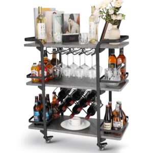 Jubao 3-Tier Bar Cart for The Home Mobile Serving with Glass Holders and 8 Wine Racks Storage, Wine Trolley Kitchen Island Cart on Wheels, Modern Coffee Cart for Kitchen Outdoor