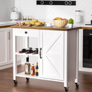 4 ever winner kitchen island cart on wheels, farmhouse rolling kitchen cart with storage 9 wine racks& adjustable shelf, small kitchen cabinets trolley coffee bar carts for dining living room,white