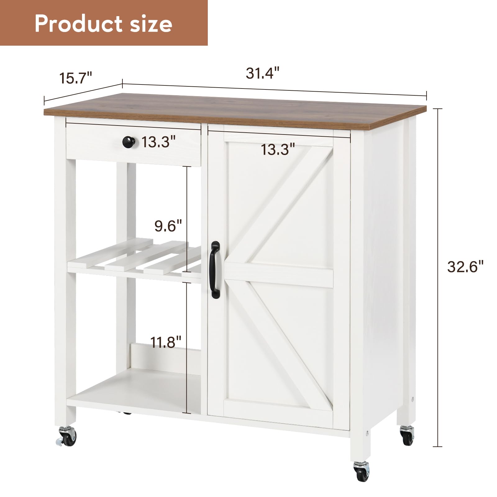 4 EVER WINNER Kitchen Island Cart on Wheels, Farmhouse Rolling Kitchen Cart with Storage 9 Wine Racks& Adjustable Shelf, Small Kitchen Cabinets Trolley Coffee Bar Carts for Dining Living Room,White