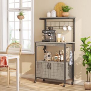 Bestier Microwave Stand with Storage Cabinet, Height-Adjustable Bakers Racks for Kitchen with Wheels & Feet, Industrial Rolling Coffee Bar Shelf with 10 S-Hooks Grey Wash