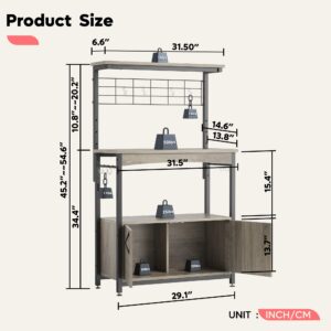 Bestier Microwave Stand with Storage Cabinet, Height-Adjustable Bakers Racks for Kitchen with Wheels & Feet, Industrial Rolling Coffee Bar Shelf with 10 S-Hooks Grey Wash