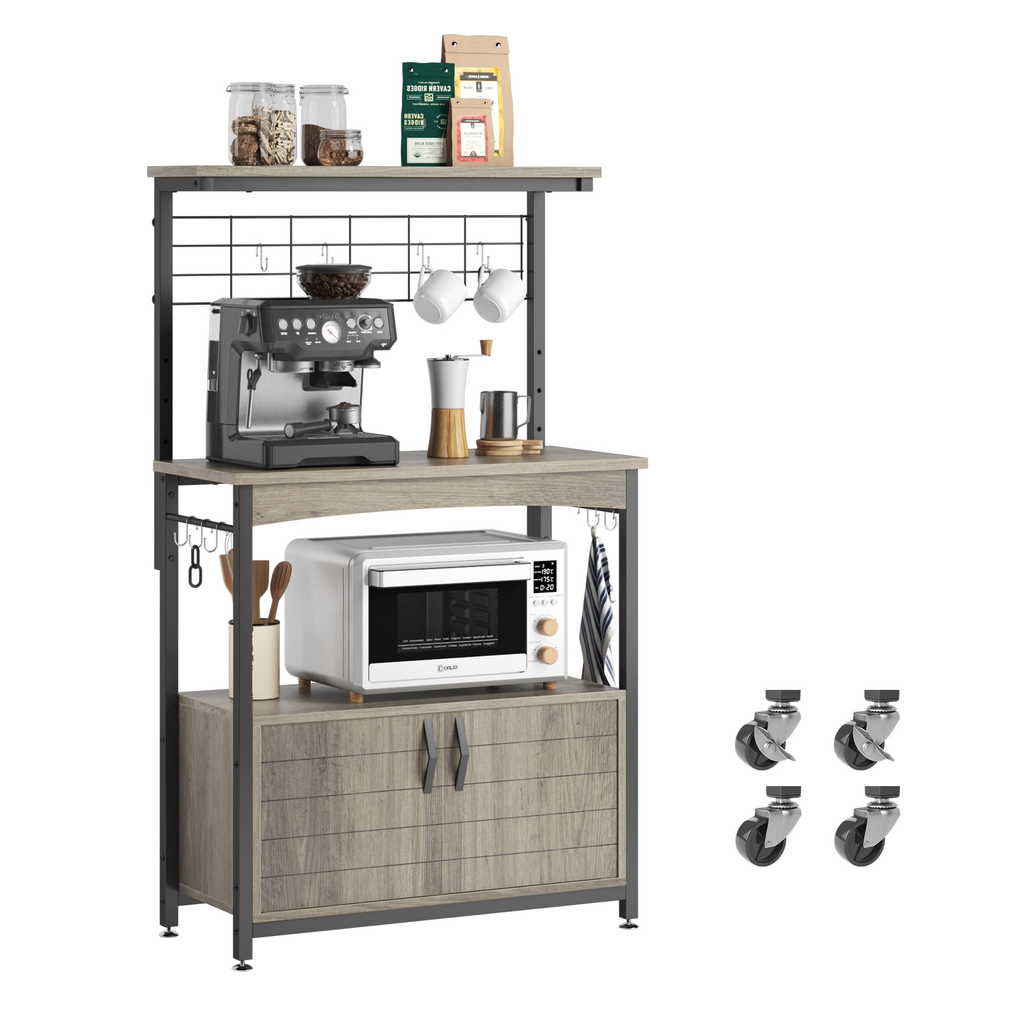 Bestier Microwave Stand with Storage Cabinet, Height-Adjustable Bakers Racks for Kitchen with Wheels & Feet, Industrial Rolling Coffee Bar Shelf with 10 S-Hooks Grey Wash