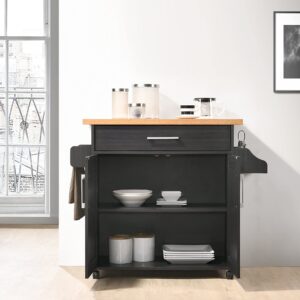 Hodedah Kitchen Island with Spice Rack, Towel Rack & Drawer, Black with Beech Top