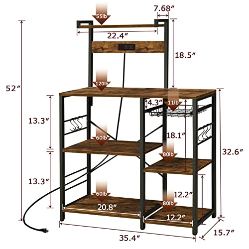 SUPERJARE Bakers Rack with Power Outlet, Microwave Stand, Coffee Bar with Wire Basket, Kitchen Storage Rack with 6 S-Hooks, Kitchen Shelves for Spices, Pots and Pans - Rustic Brown