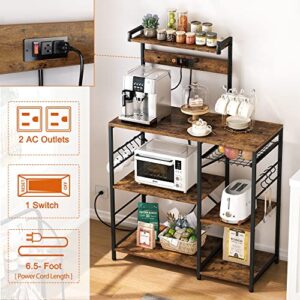 SUPERJARE Bakers Rack with Power Outlet, Microwave Stand, Coffee Bar with Wire Basket, Kitchen Storage Rack with 6 S-Hooks, Kitchen Shelves for Spices, Pots and Pans - Rustic Brown