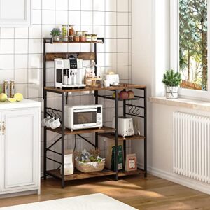 SUPERJARE Bakers Rack with Power Outlet, Microwave Stand, Coffee Bar with Wire Basket, Kitchen Storage Rack with 6 S-Hooks, Kitchen Shelves for Spices, Pots and Pans - Rustic Brown