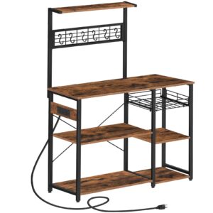 mahancris bakers rack with power outlet, microwave stand, industrial coffee bar with wire basket, kitchen storage rack with 6 s-shaped hooks, for spices, pots and pans, rustic brown brhr90e01z