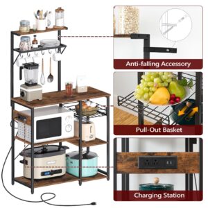 MAHANCRIS Bakers Rack with Power Outlet, Microwave Stand, Industrial Coffee Bar with Wire Basket, Kitchen Storage Rack with 6 S-Shaped Hooks, for Spices, Pots and Pans, Rustic Brown BRHR90E01Z