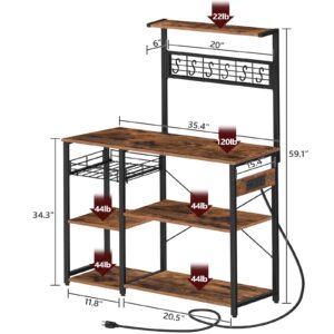 MAHANCRIS Bakers Rack with Power Outlet, Microwave Stand, Industrial Coffee Bar with Wire Basket, Kitchen Storage Rack with 6 S-Shaped Hooks, for Spices, Pots and Pans, Rustic Brown BRHR90E01Z