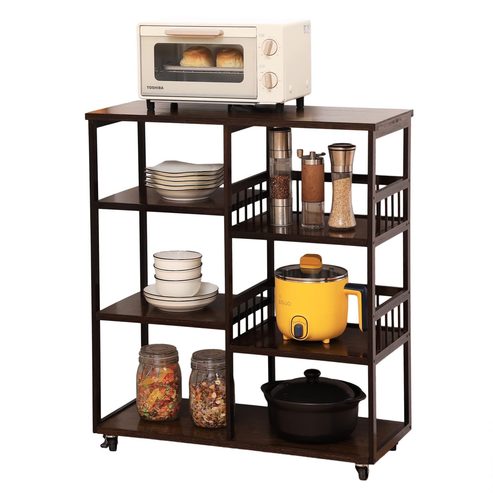 Bamboo Kitchen Baker’s Rack,4-Tier+4-Tier Coffee Bar, Microwave Oven Stand, Large Capacity Utility Storage Shelf Cart on Wheels for Home Kitchen, Living Room and Entrance, Accent (Dark Brown)